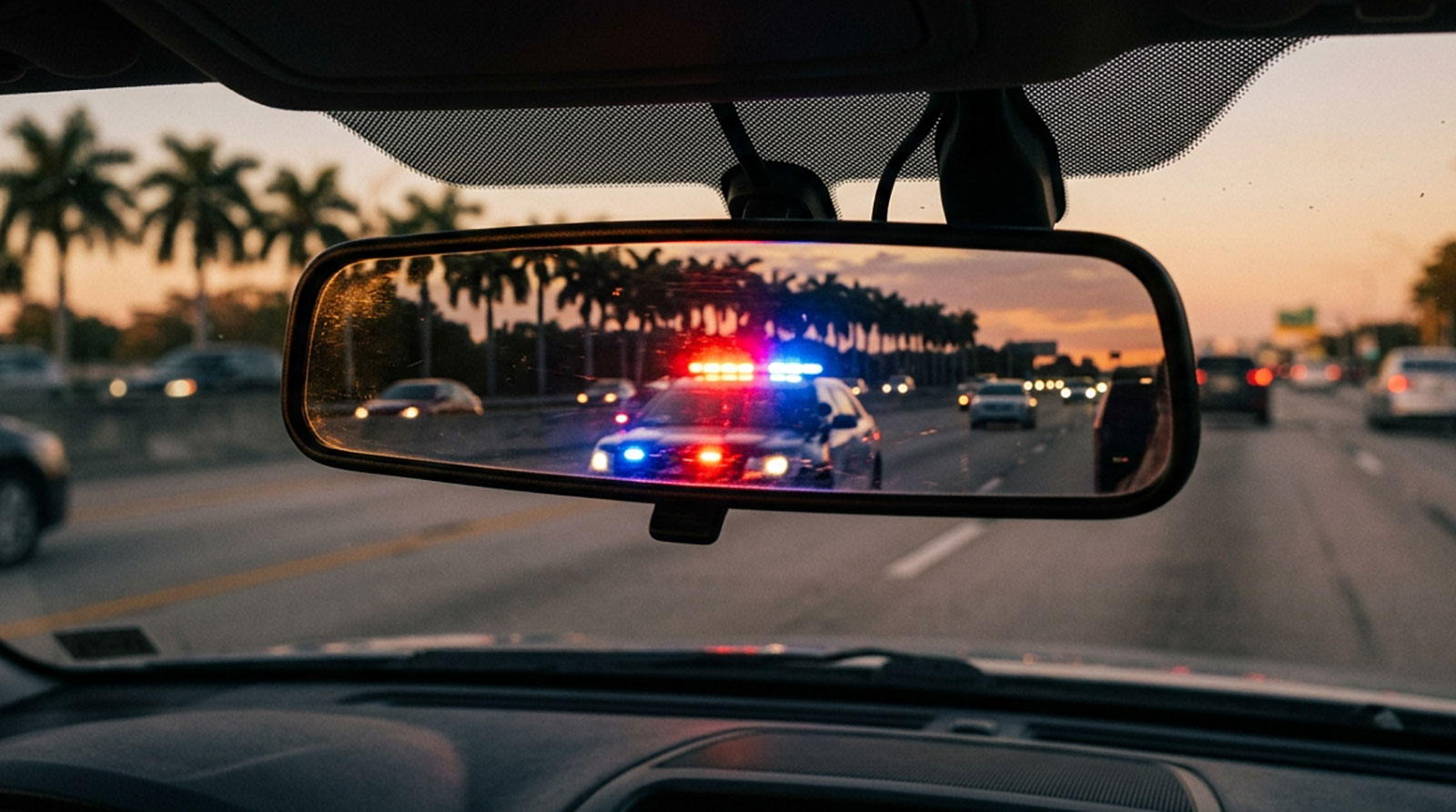 Florida highway viewed through a car rearview mirror during a traffic stop